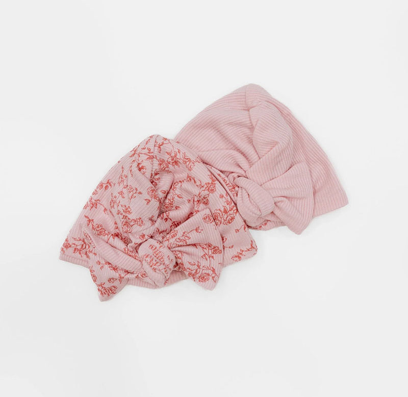 Premium Bitty Pink Blooms ruched baby beanies with bow designed for babies.