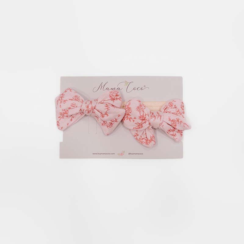 Headband and bow set crafted in soft Bitty Pink Blooms design silky modal fabric.