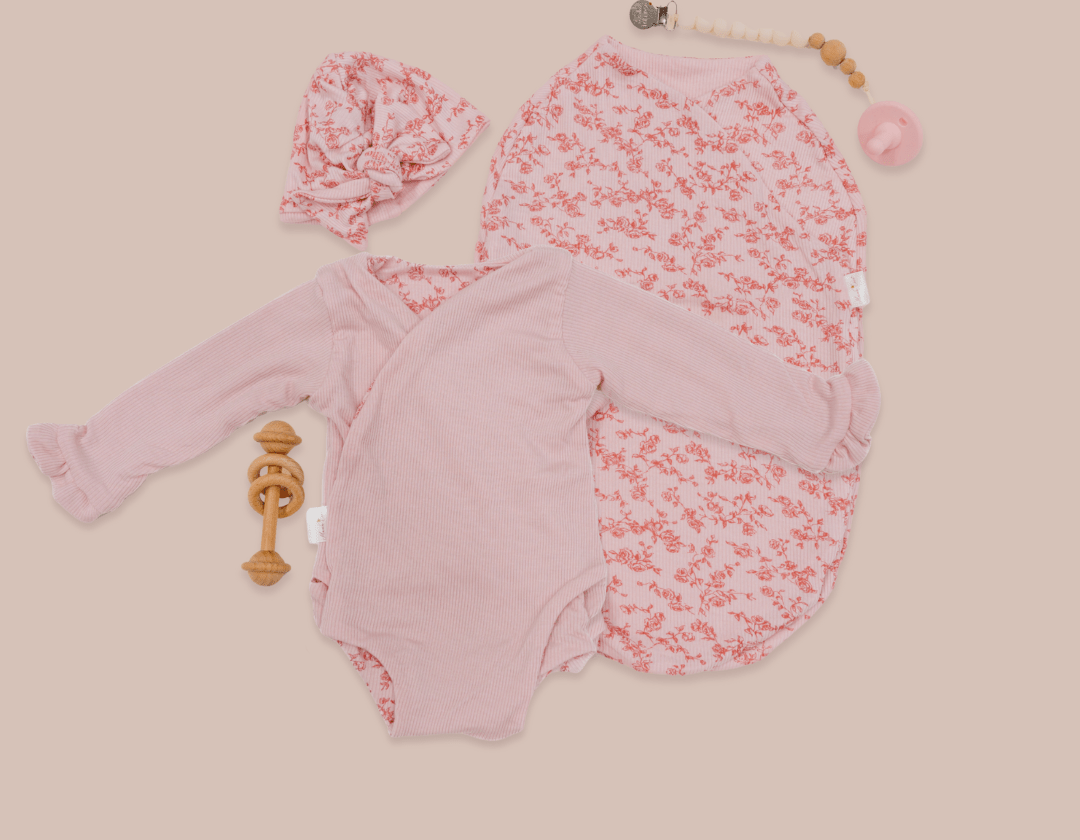 Silky modal long sleeve newborn baby bundle, featuring adorable ruffle cuffs in bitty pink blooms design.