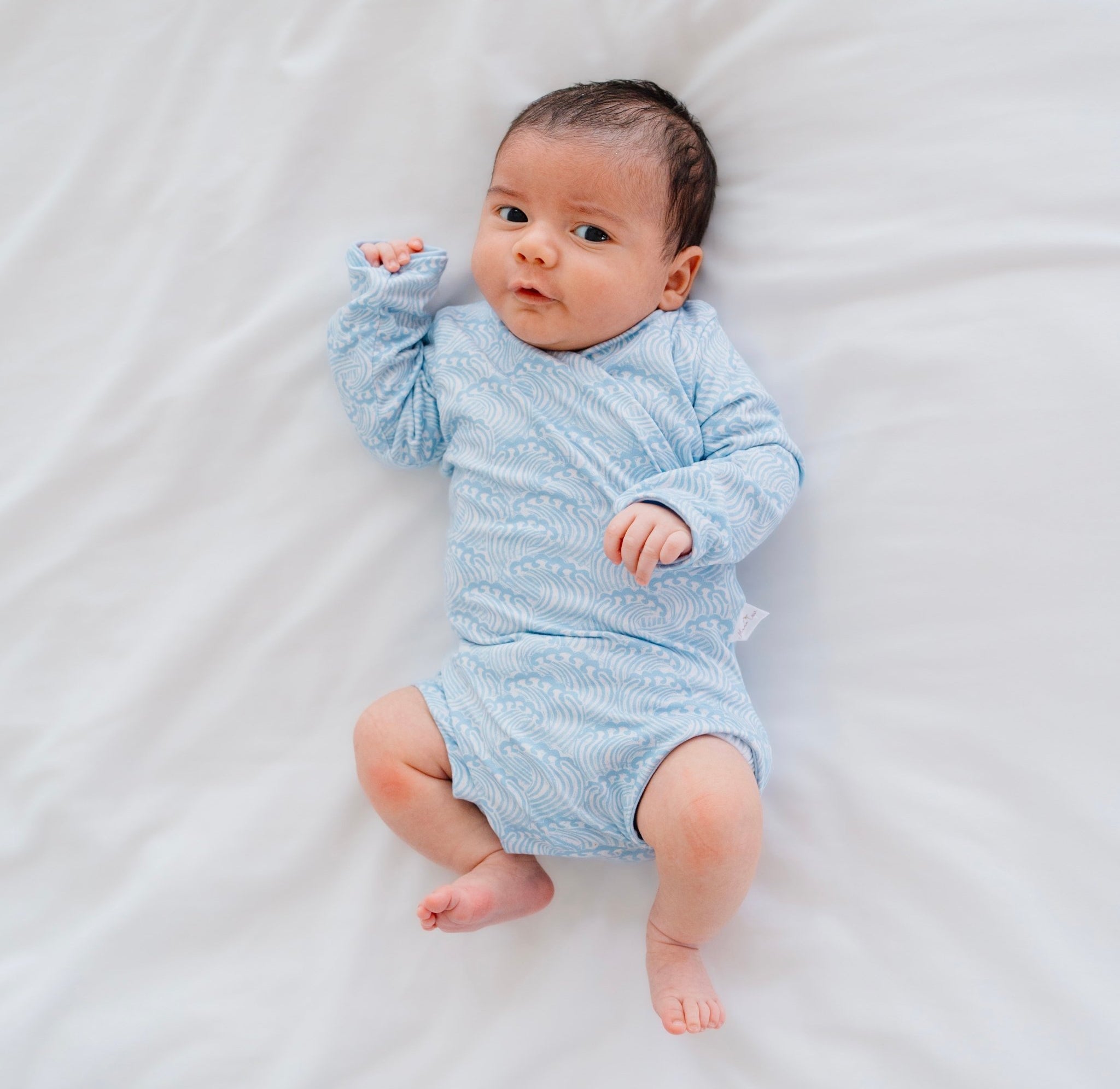 Blue swells design long-sleeve baby onesie in classic brushed fabric.