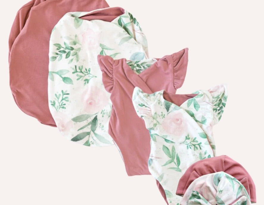 Newborn essentials bundle with flutter sleeves in classic brushed fabric with blushing eucalyptus design.