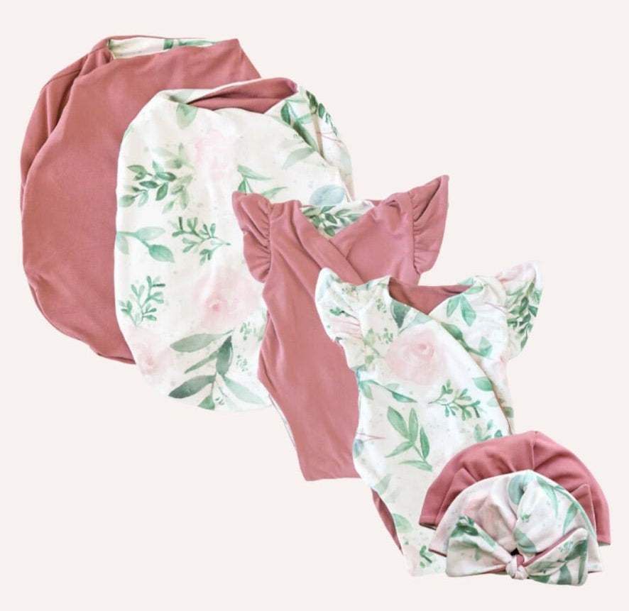 Newborn essentials bundle with flutter sleeves in classic brushed fabric with blushing eucalyptus design.