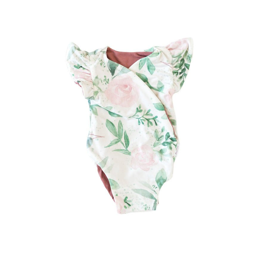 Floral Blushing Eucalyptus short-sleeve bodysuit for baby in Classic Brushed fabric styles.