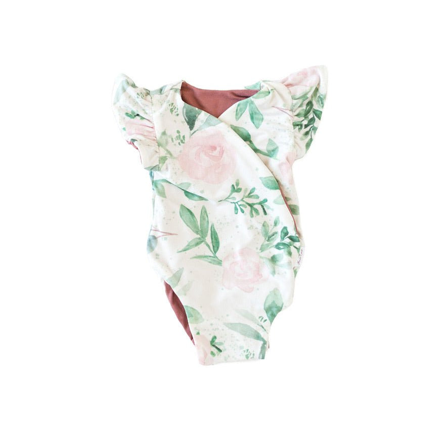 Floral Blushing Eucalyptus short-sleeve bodysuit for baby in Classic Brushed fabric styles.