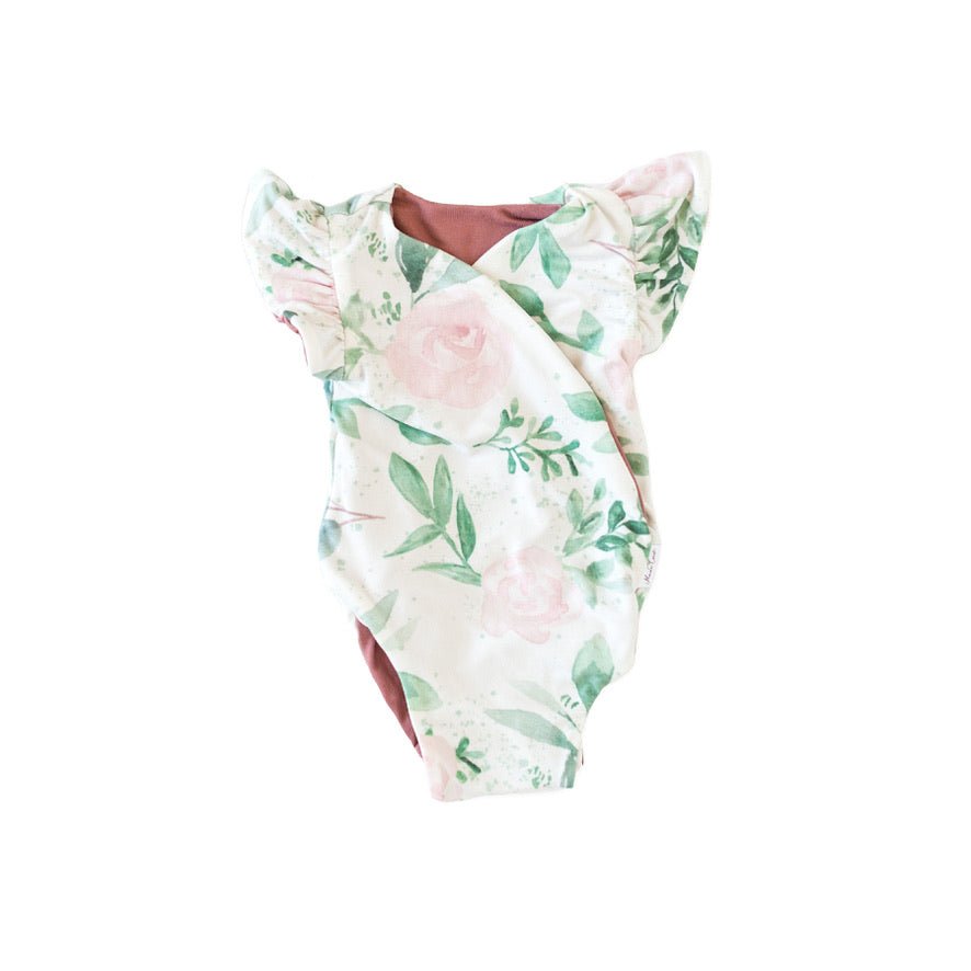 Floral Blushing Eucalyptus short-sleeve bodysuit for baby in Classic Brushed fabric styles.