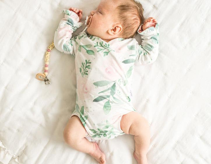 Blushing eucalyptus long sleeve newborn baby bundle, with cute ruffle cuffs.