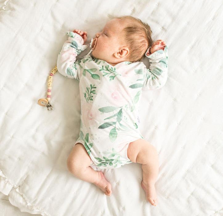 Blushing eucalyptus long sleeve newborn baby bundle, with cute ruffle cuffs.
