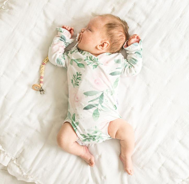 Blushing eucalyptus long sleeve newborn baby bundle, with cute ruffle cuffs.