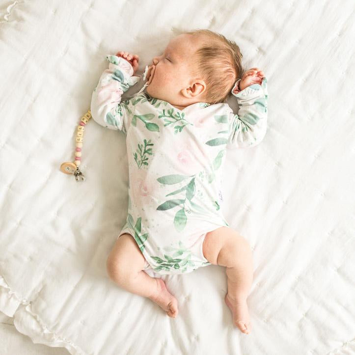 Blushing eucalyptus long sleeve newborn baby bundle, with cute ruffle cuffs.