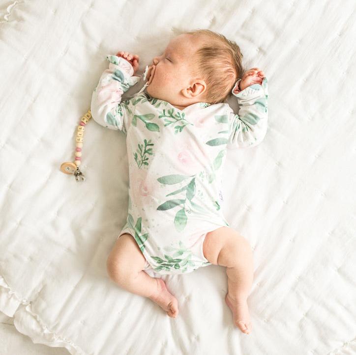 Blushing eucalyptus long sleeve newborn baby bundle, with cute ruffle cuffs.