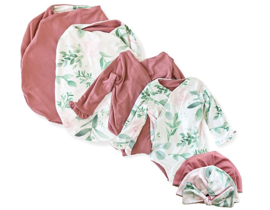 Classic brushed long sleeve newborn baby bundle, featuring adorable ruffle cuffs in blushing eucalyptus design.