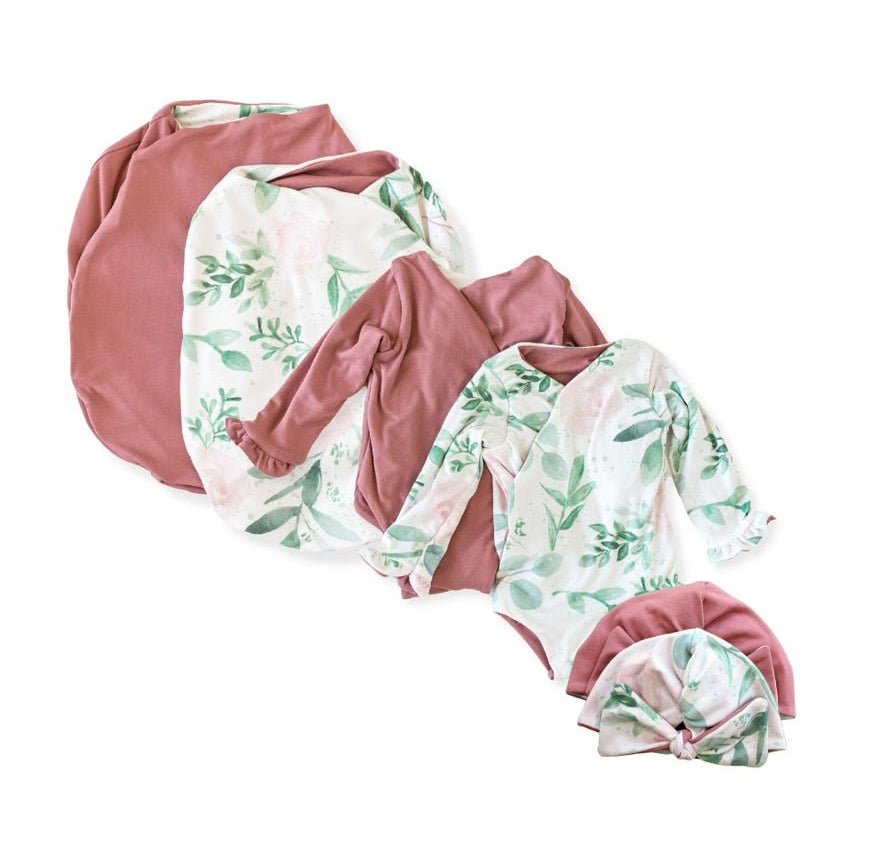 Classic brushed long sleeve newborn baby bundle, featuring adorable ruffle cuffs in blushing eucalyptus design.
