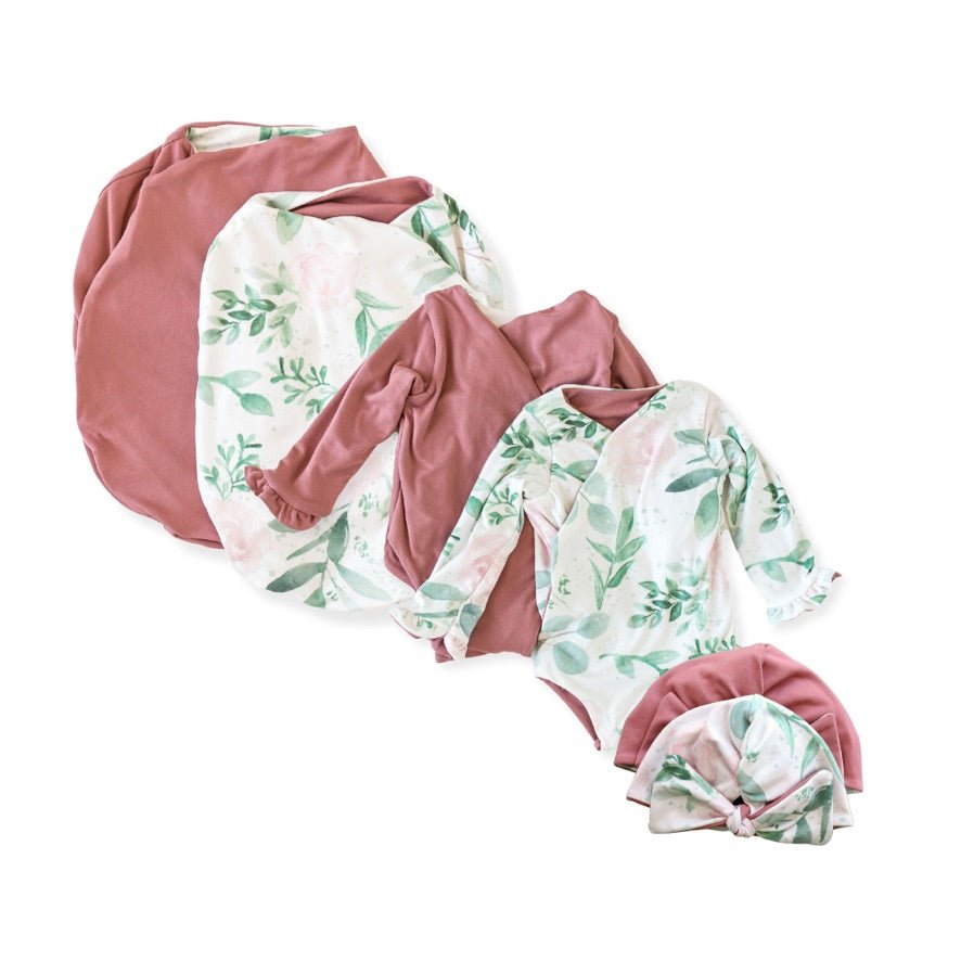 Classic brushed long sleeve newborn baby bundle, featuring adorable ruffle cuffs in blushing eucalyptus design.