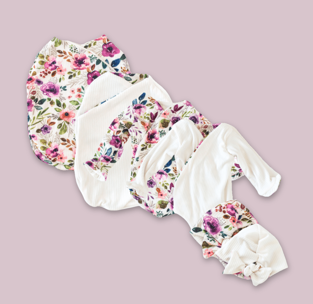 Classic brushed long sleeve newborn baby bundle, featuring adorable ruffle cuffs in blushing eucalyptus design.