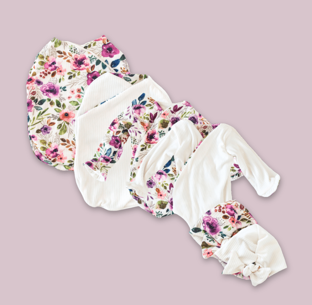 Classic brushed long sleeve newborn baby bundle, featuring adorable ruffle cuffs in blushing eucalyptus design.