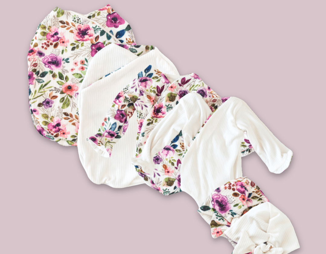 Classic brushed long sleeve newborn baby bundle, featuring adorable ruffle cuffs in blushing eucalyptus design.