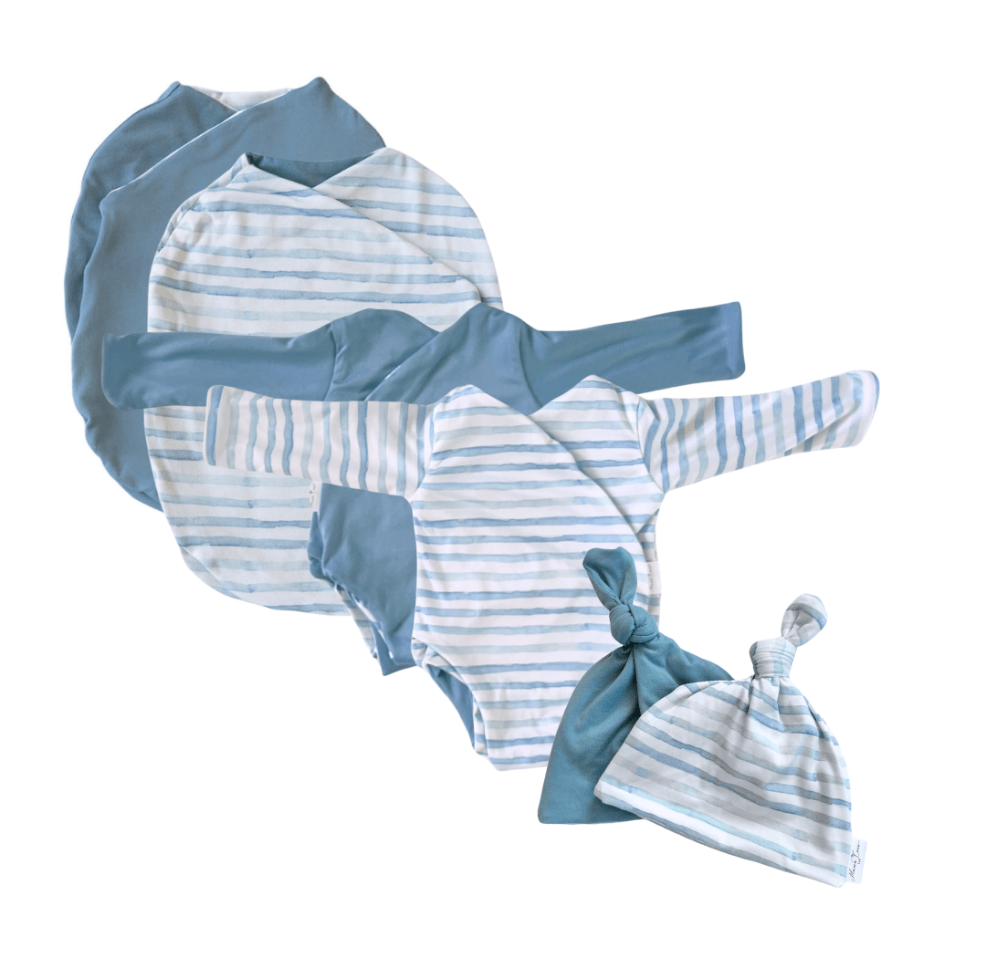 Newborn bundle with long sleeve essentials in classic brushed fabric with chambray waves design.