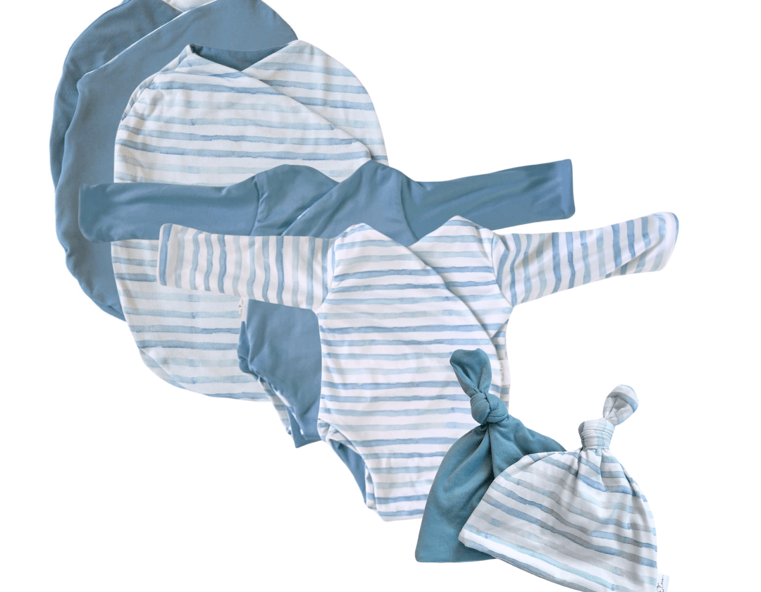 Newborn bundle with long sleeve essentials in classic brushed fabric with chambray waves design.