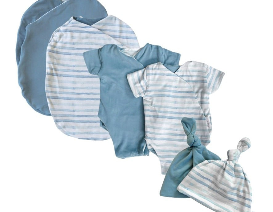 Newborn essentials bundle with short sleeves in classic brushed fabric with chambray waves design.