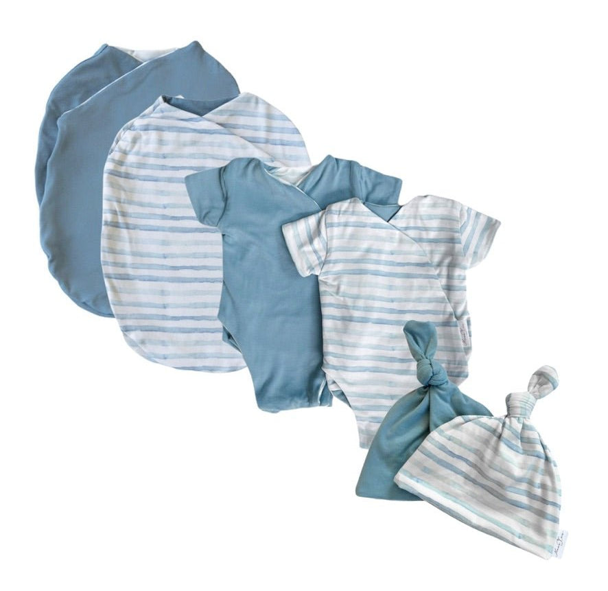 Newborn essentials bundle with short sleeves in classic brushed fabric with chambray waves design.