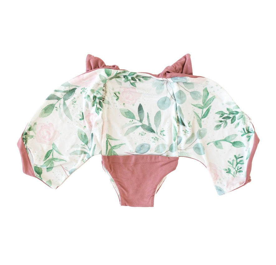 Blushing Eucalyptus print short-sleeve bodysuit for baby in premium Classic Brushed fabric styles.
