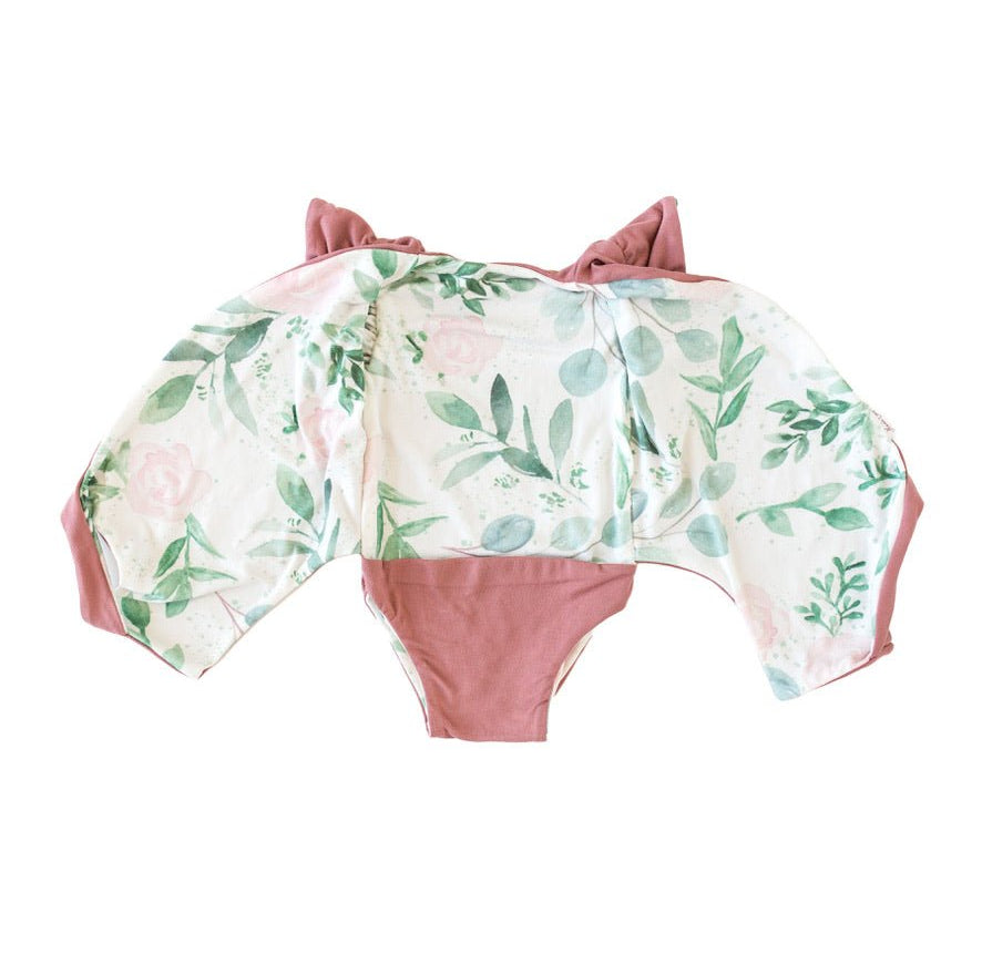 Blushing Eucalyptus print short-sleeve bodysuit for baby in premium Classic Brushed fabric styles.