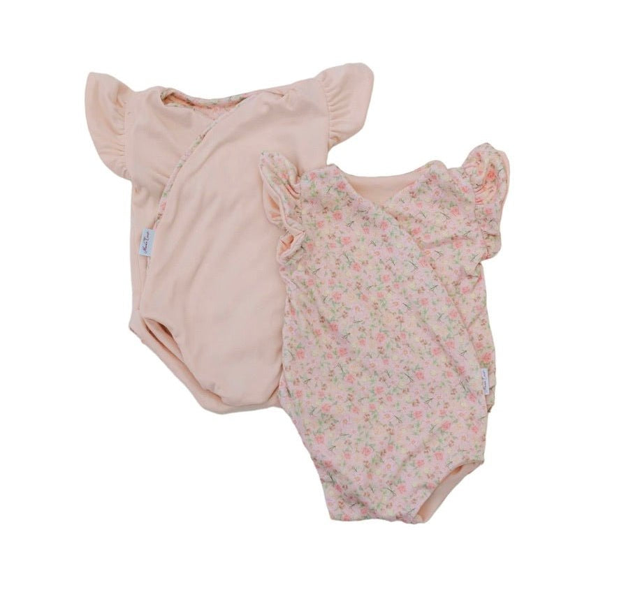 Reversible Dusty Roses baby bodysuit with short sleeves and a vintage floral design.