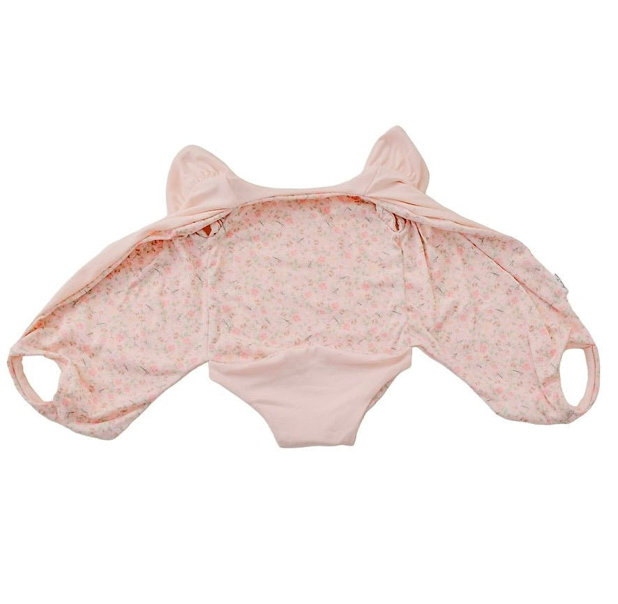Baby short-sleeve bodysuit featuring Dusty Roses and Classic Brushed fabric styles.