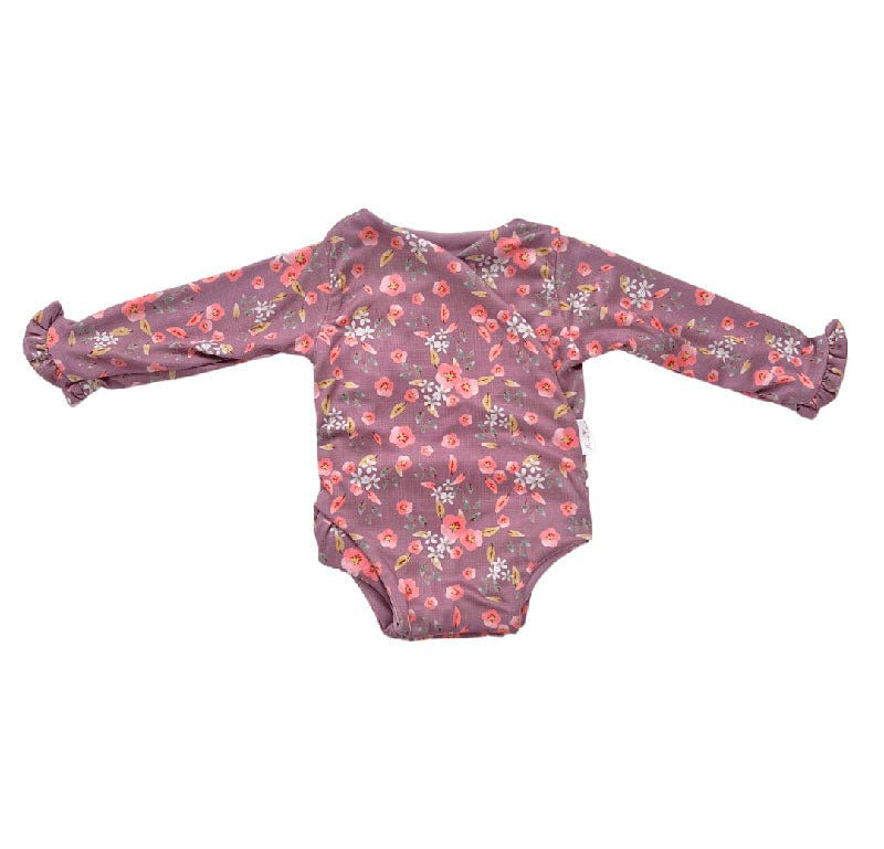 Elegant Peachy Lilac design winged bodysuit for babies with ruffle cuffs and premium brushed fabric.