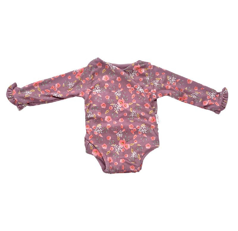 Elegant Peachy Lilac design winged bodysuit for babies with ruffle cuffs and premium brushed fabric.