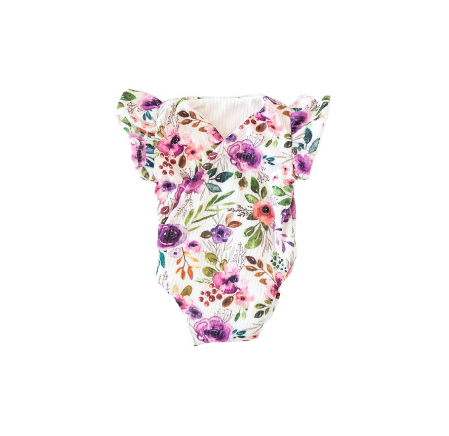 Comfortable Ivory Wildflowers short-sleeve bodysuit for baby in Classic Brushed fabric styles.