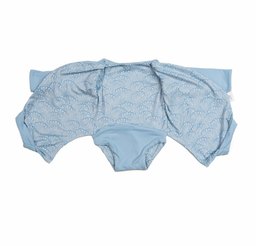 Classic brushed long-sleeved baby winged bodysuit in Blue Swells design.