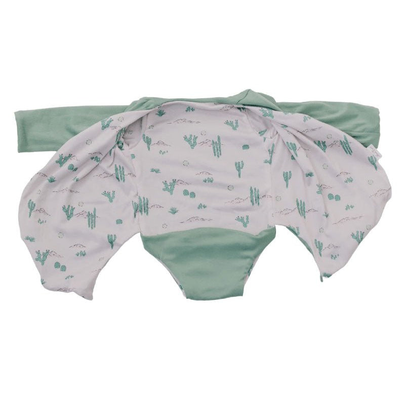 Classic brushed long sleeved baby winged bodysuit in Desert Sunsets design.