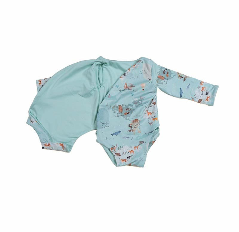 Classic brushed long sleeved baby winged bodysuit in World Traveler design.
