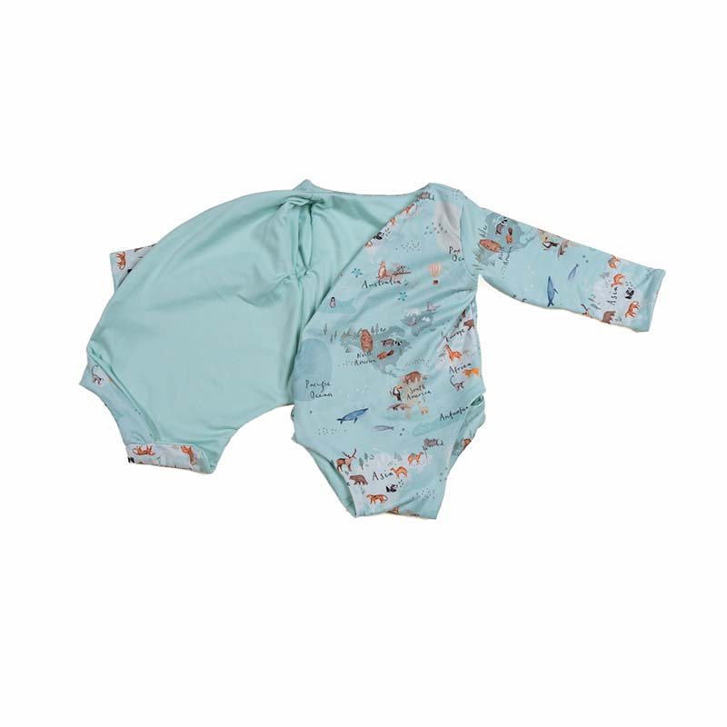 Classic brushed long sleeved baby winged bodysuit in World Traveler design.