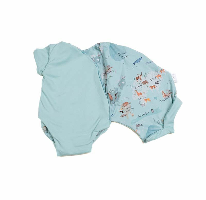 Comfortable reversible bodysuit with short sleeves, winged details, and the World Traveler print.
