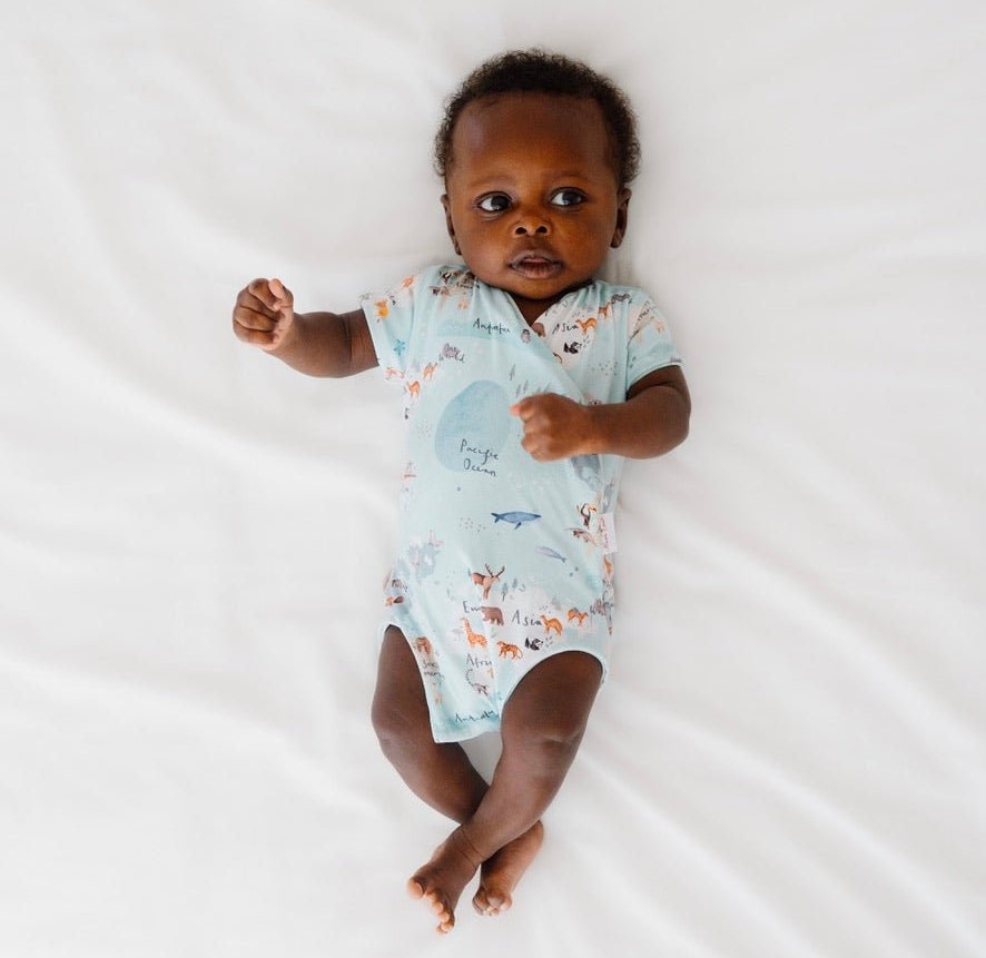 Soft short-sleeve winged bodysuit made from classic brushed fabric in the adventurous World Traveler design.