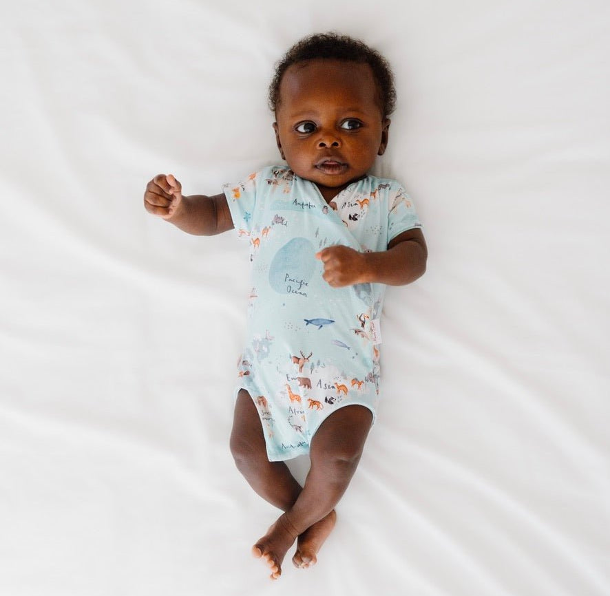 Soft short-sleeve winged bodysuit made from classic brushed fabric in the adventurous World Traveler design.