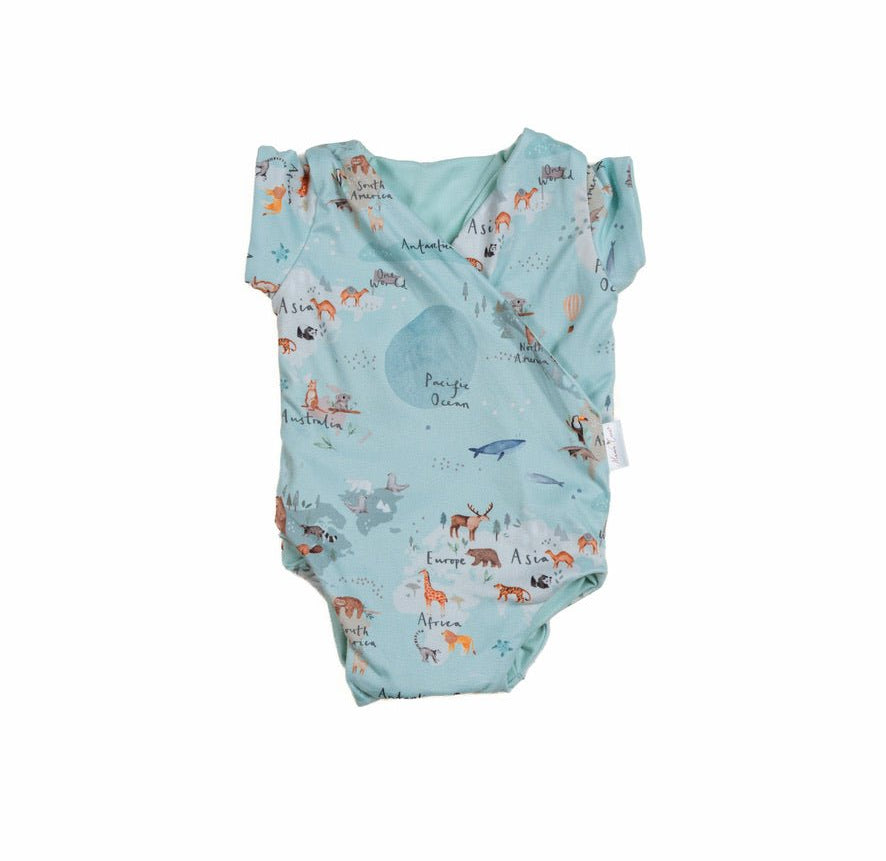 Gentle short-sleeve winged bodysuit featuring World Traveler artwork on classic brushed fabric.