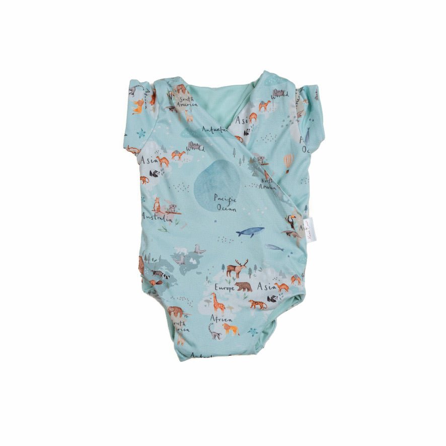 Gentle short-sleeve winged bodysuit featuring World Traveler artwork on classic brushed fabric.