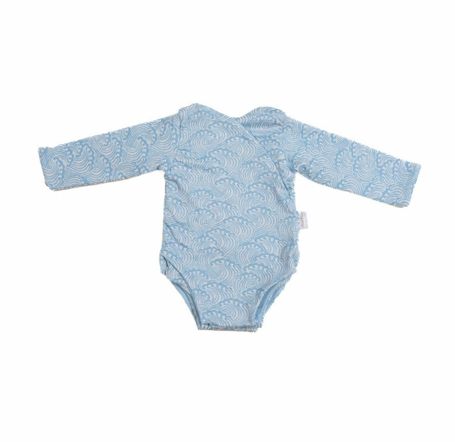Blue Swells design winged bodysuit for babies in classic brushed fabric.