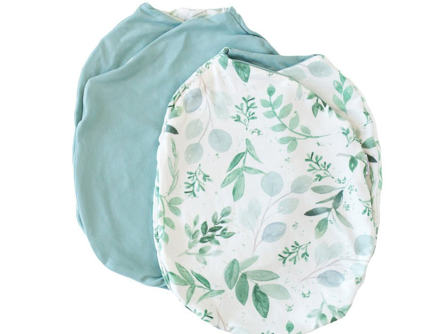 Saged eucalyptus design cocoon baby swaddle in classic brushed fabric.