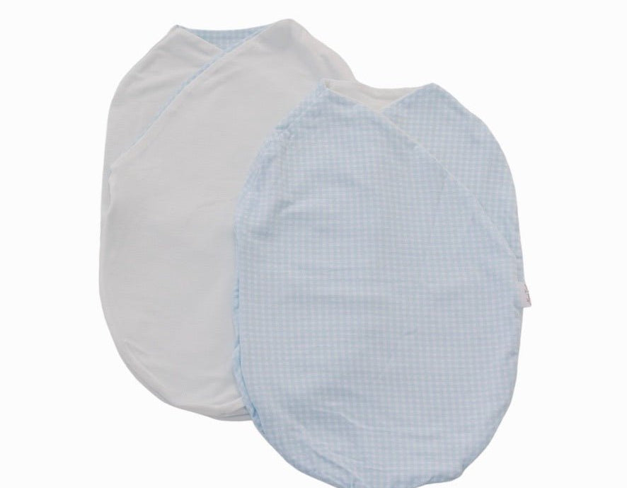 Baby blue gingham design cocoon baby swaddle in silky modal fabric.