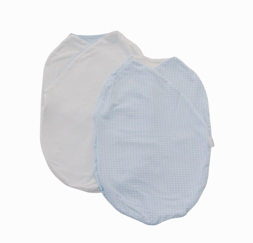 Baby blue gingham design cocoon swaddle.