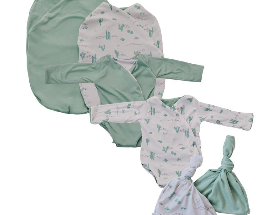 Newborn bundle with long sleeve essentials in classic brushed fabric in desert sunsets design.