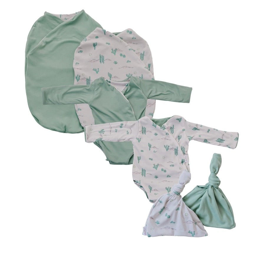 Newborn bundle with long sleeve essentials in classic brushed fabric in desert sunsets design.