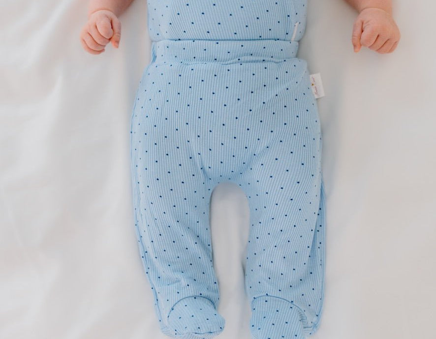 Bamboo organic cotton baby footie pants featuring the charming Dotted Blues design.