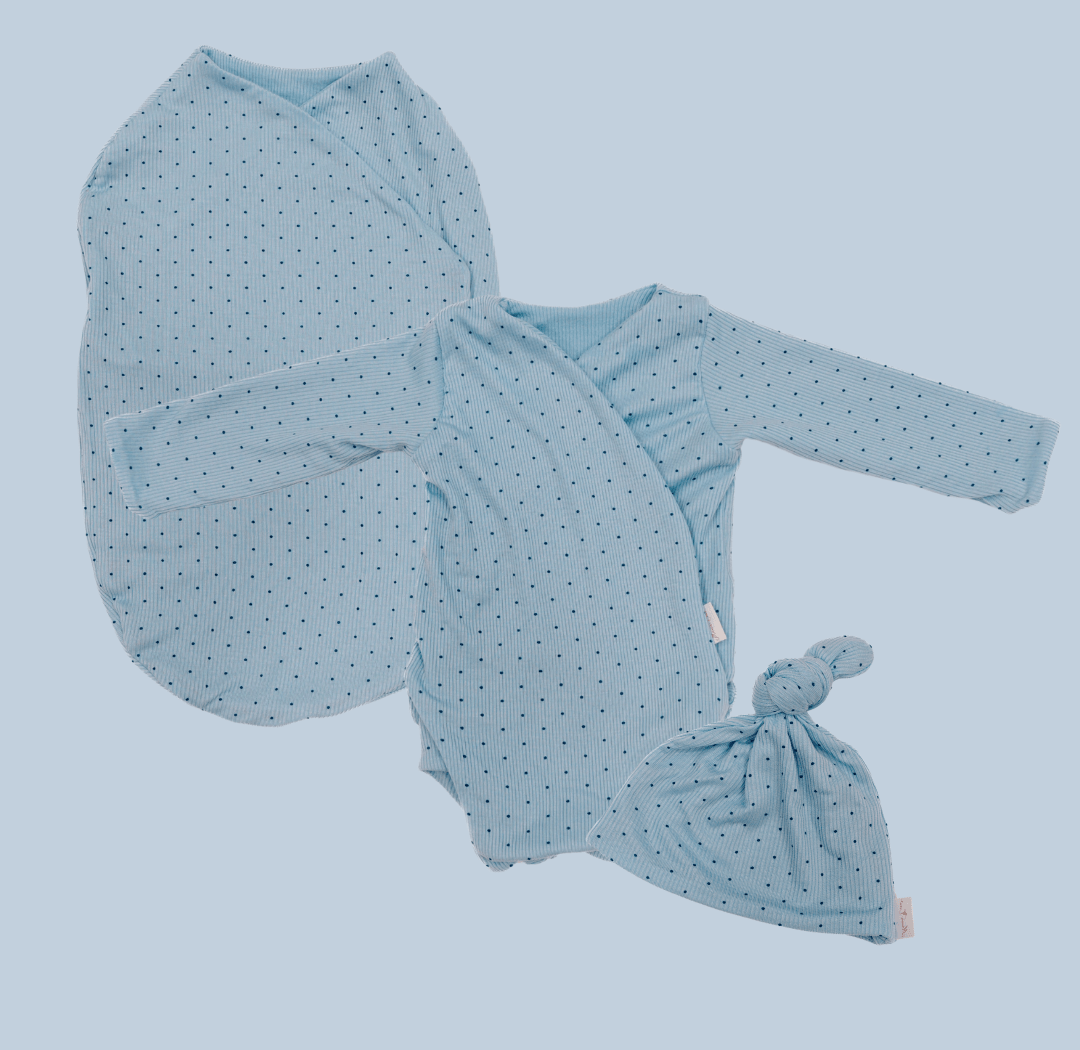 Newborn bundle with long sleeve essentials in silky modal fabric with dotted blues design.