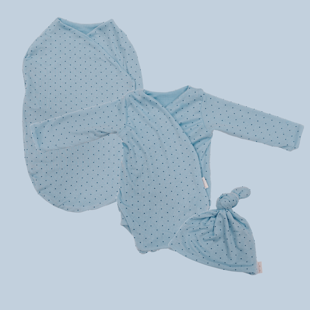 Newborn bundle with long sleeve essentials in silky modal fabric with dotted blues design.
