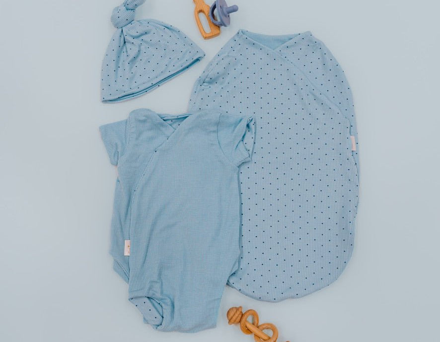 Newborn essentials bundle with short sleeve in silky modal fabric with dotted blues design.
